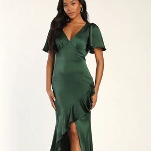 Lulu Satin High Low Dress in Forest Green